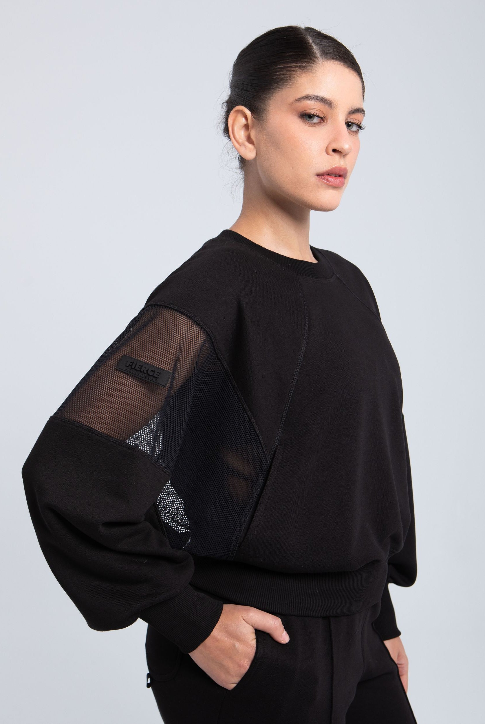 Oversized black mesh sweatshirt front view