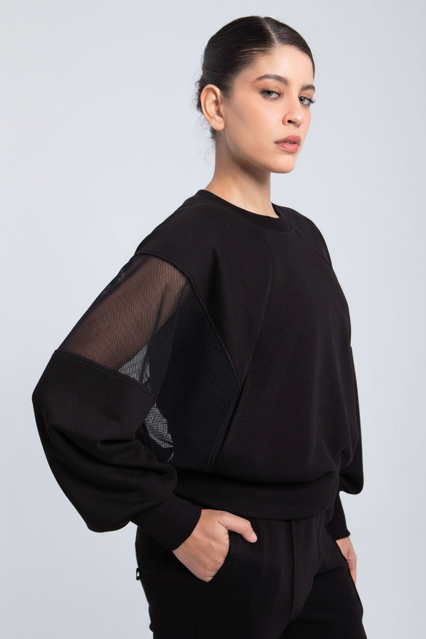 Oversized black mesh sweatshirt front view