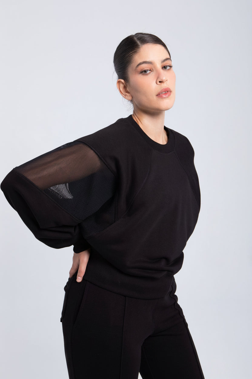 Black oversized sweatshirt with mesh sleeve detail