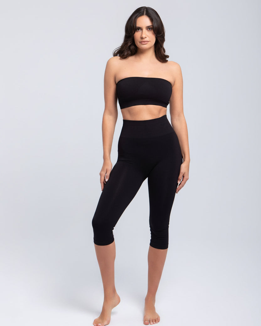 Model wearing black Second Skin sculpt push-up bandeau bra front full body view
