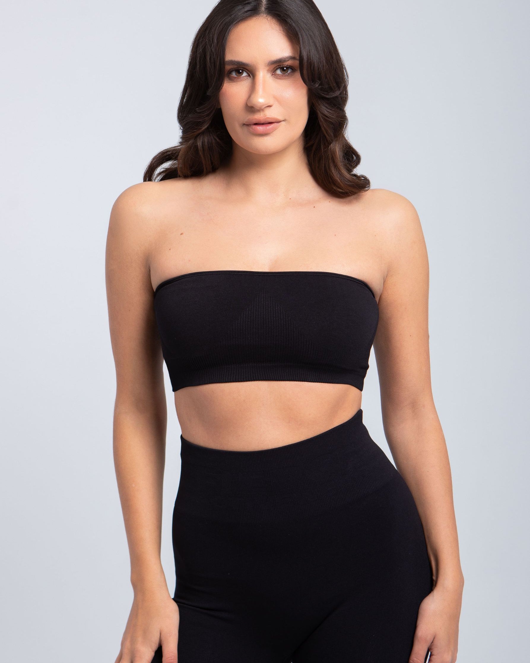 Close-up angled front view of black Second Skin bandeau bra