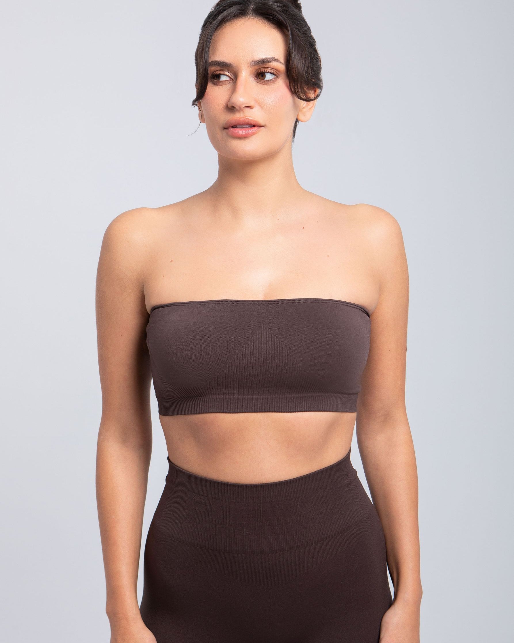 Close-up angled front view of Espresso Second Skin bandeau bra