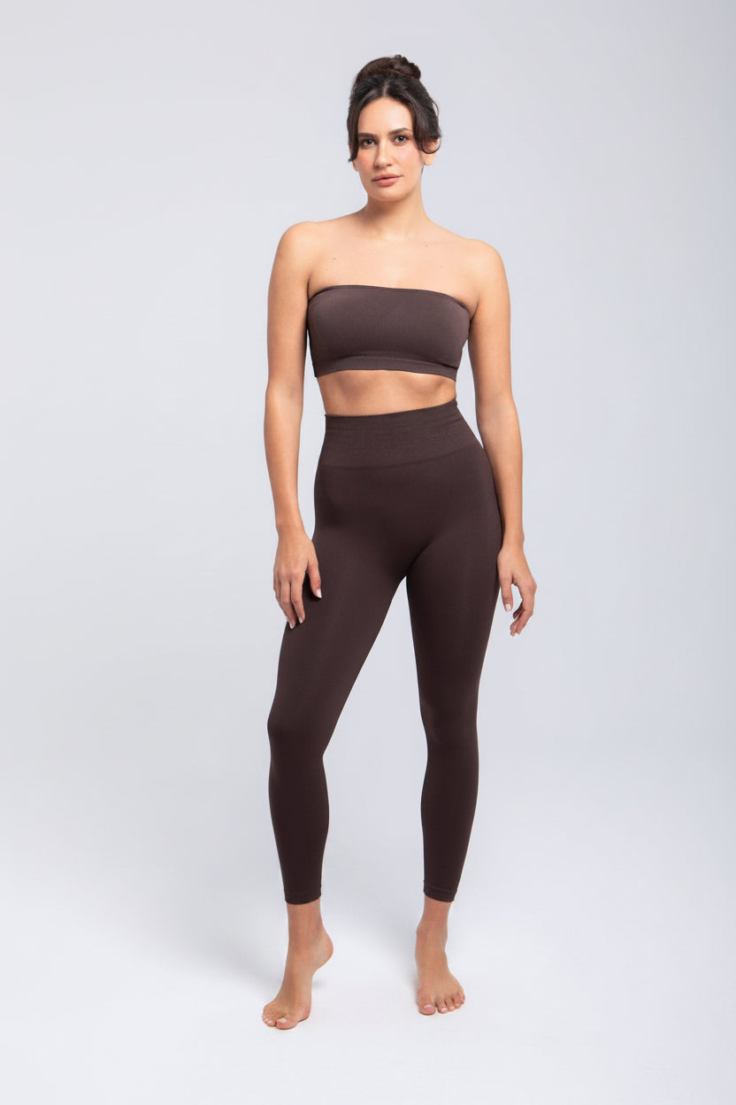 Model wearing black Second Skin sculpt push-up bandeau bra front full body view