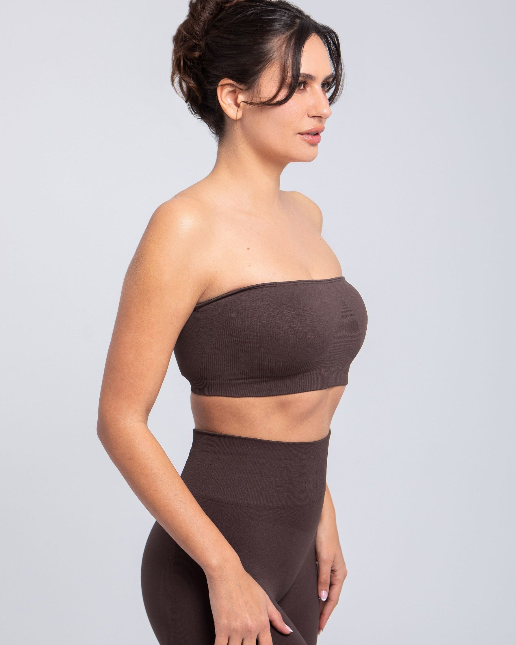 Close-up front view of Espresso seamless bandeau bra with sculpt contour knit