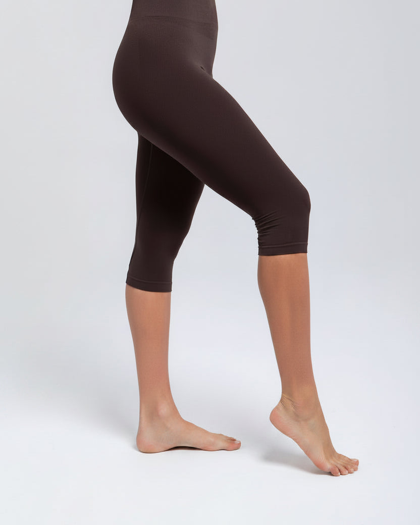 Espresso Second Skin capri leggings side view showing seamless fit and high rise