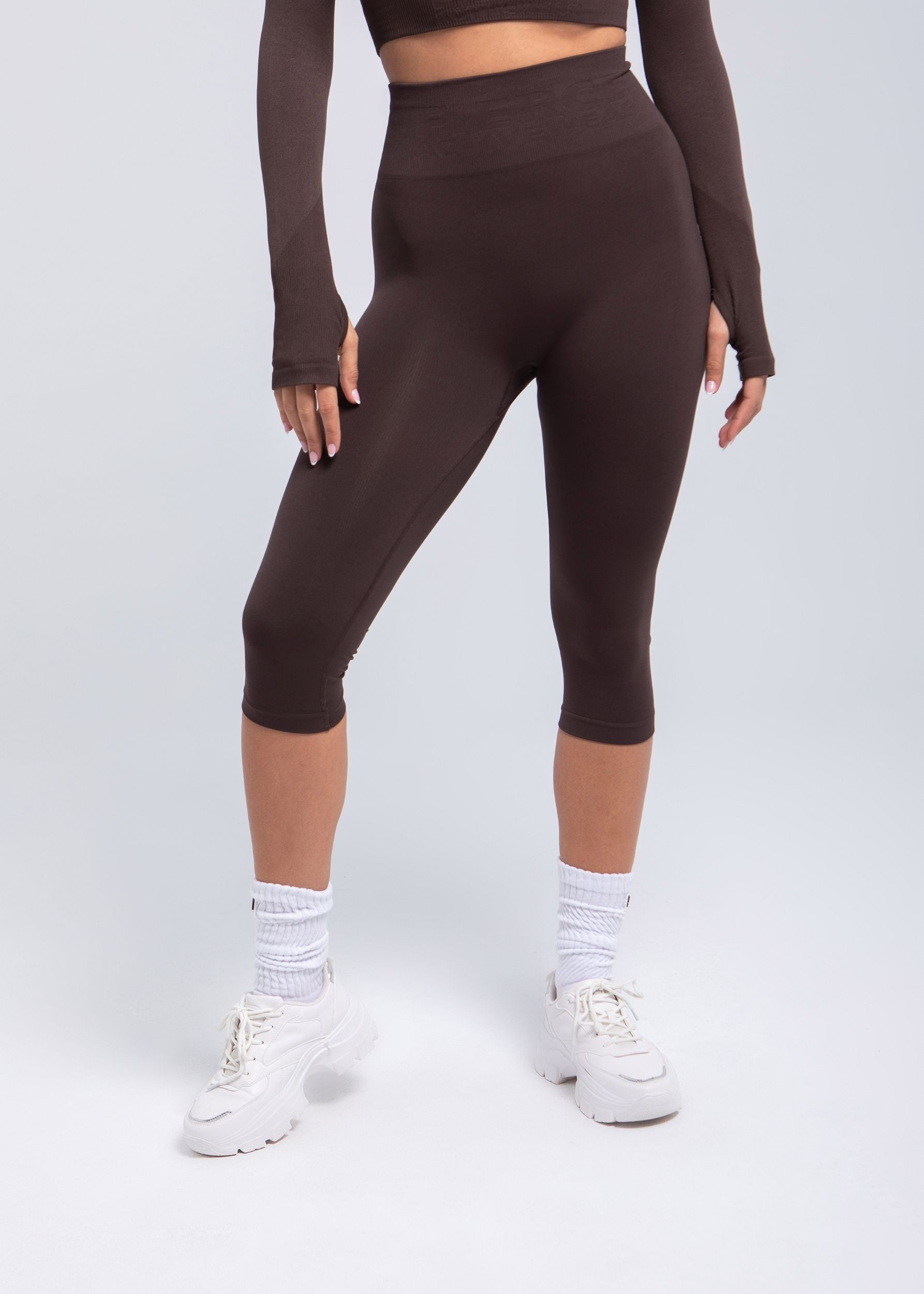 Espresso seamless high-waist capri leggings front view with sculpting waistband