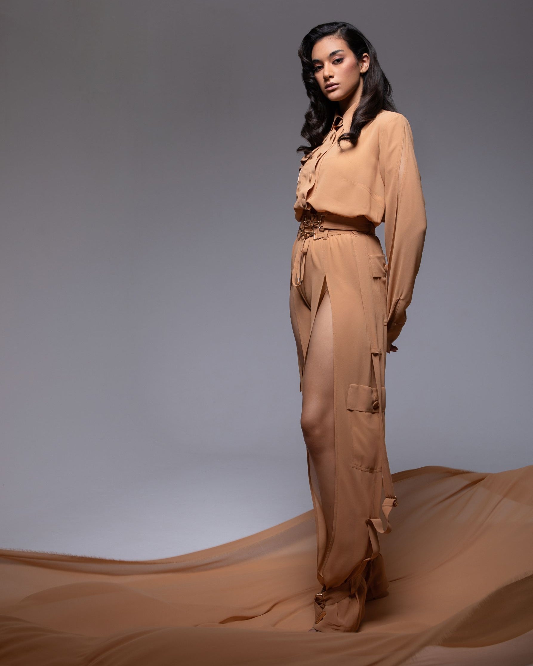 Sheer Cargo Pants with adjustable waist and ankle belts for customizable fit