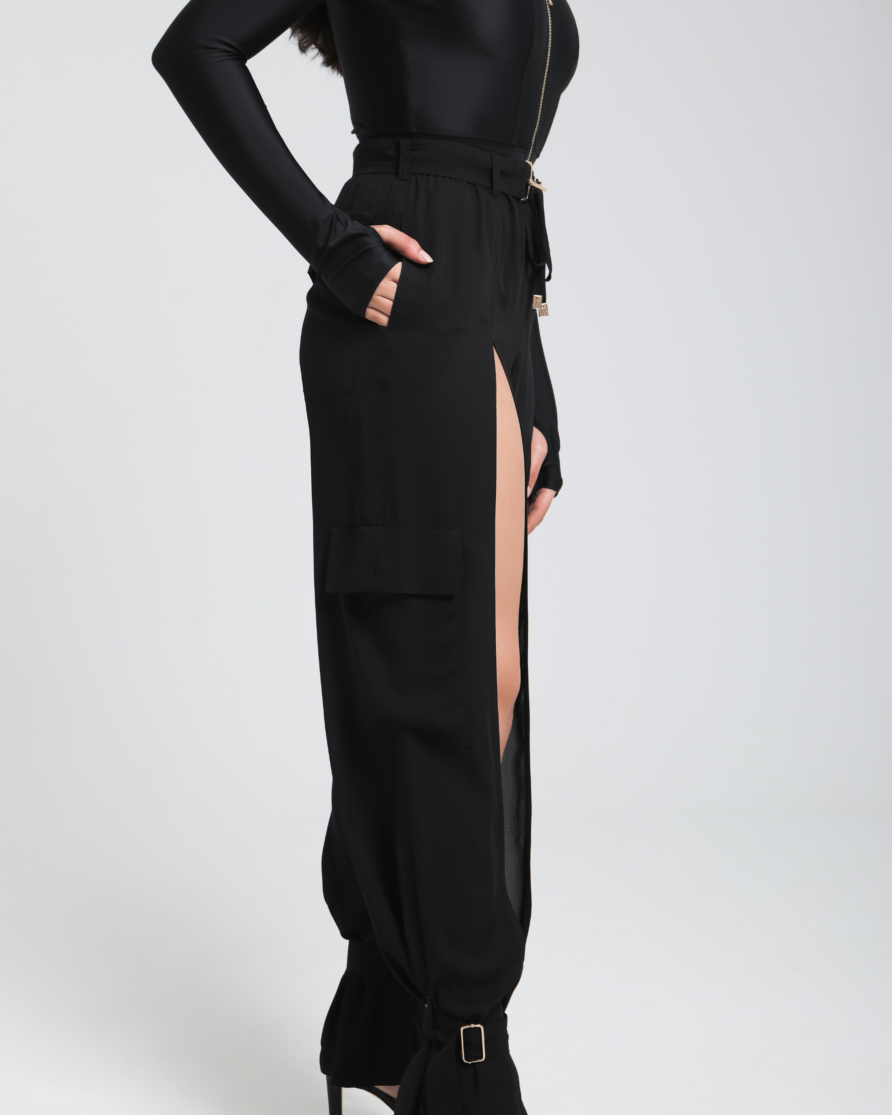 Sheer Cargo Pants with adjustable waist and ankle belts for customizable fit