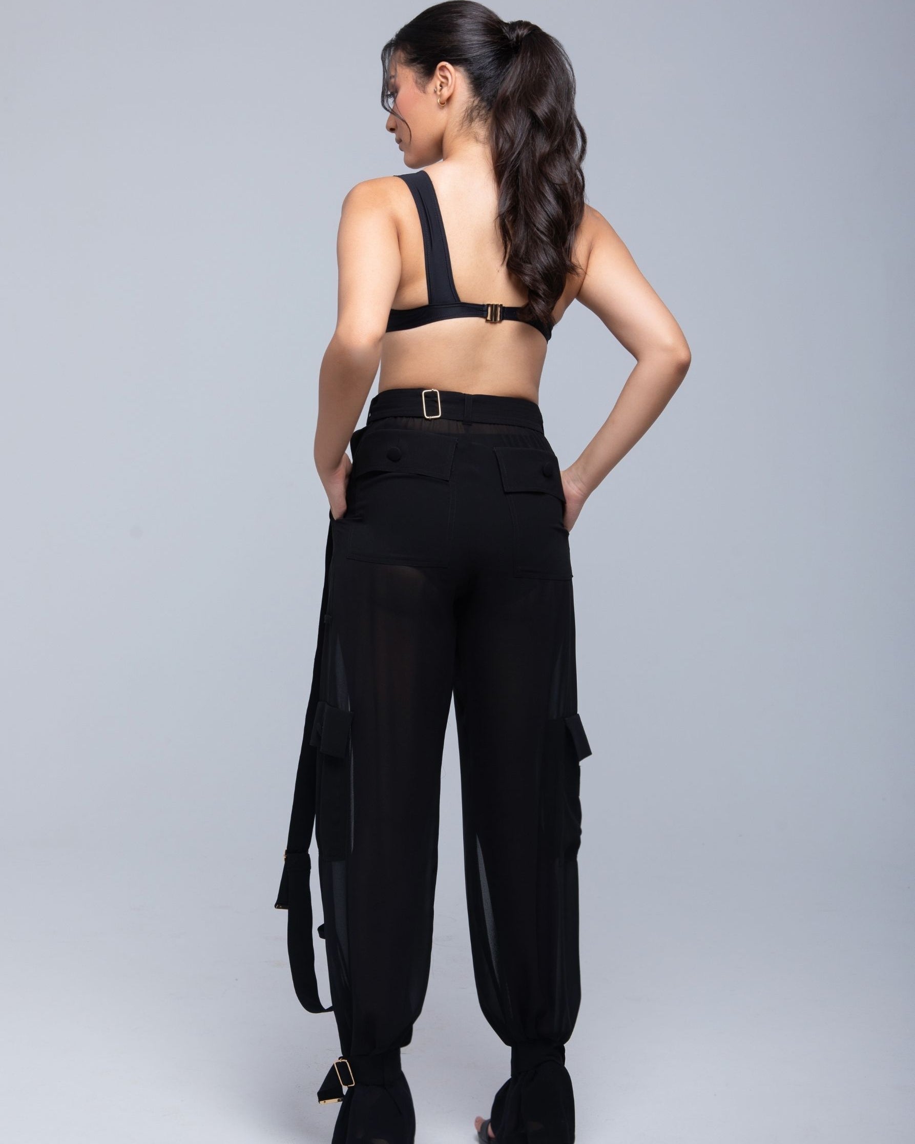 Sheer Cargo Pants with adjustable waist and ankle belts for customizable fit