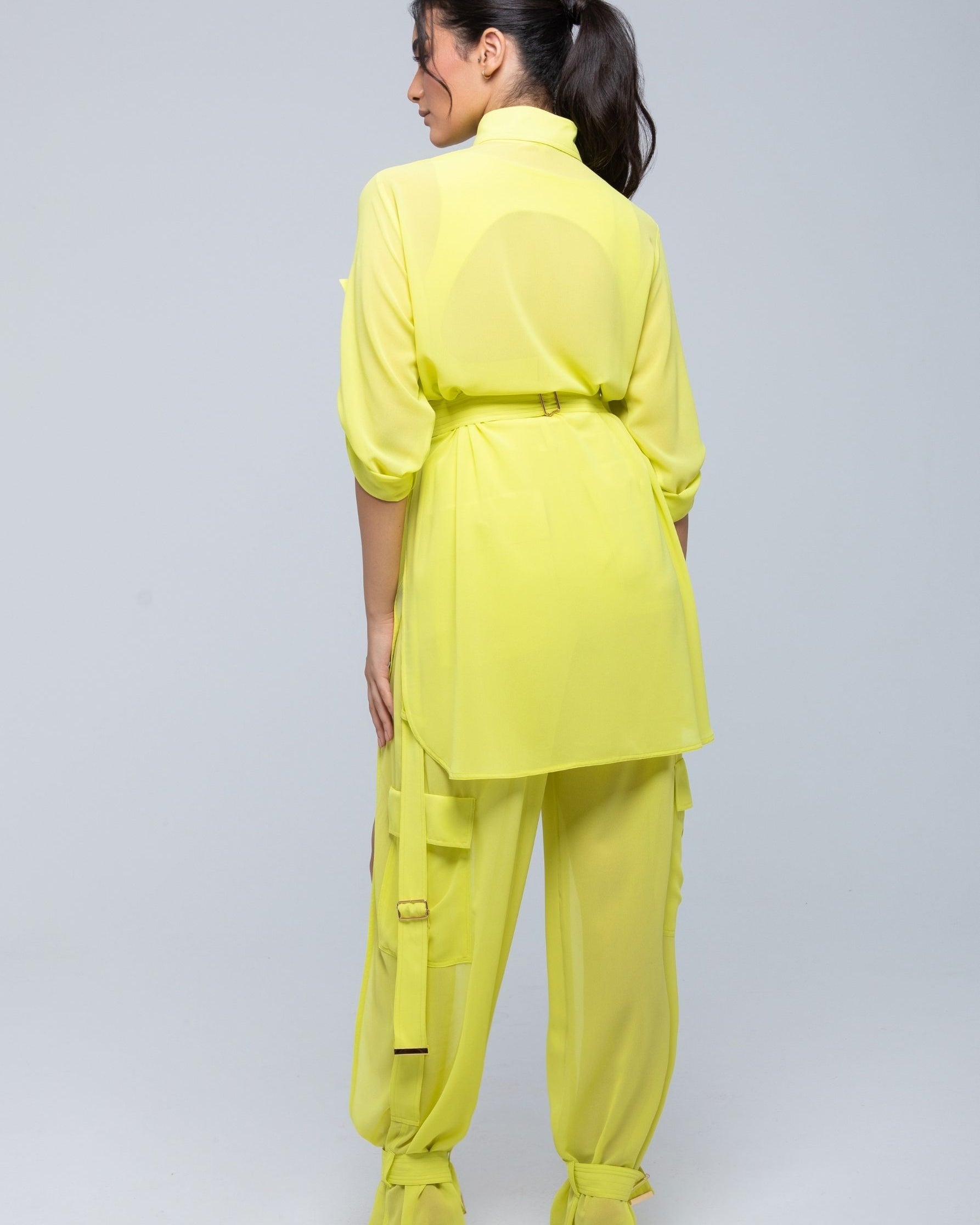 Sheer Cargo Pants with adjustable waist and ankle belts for customizable fit