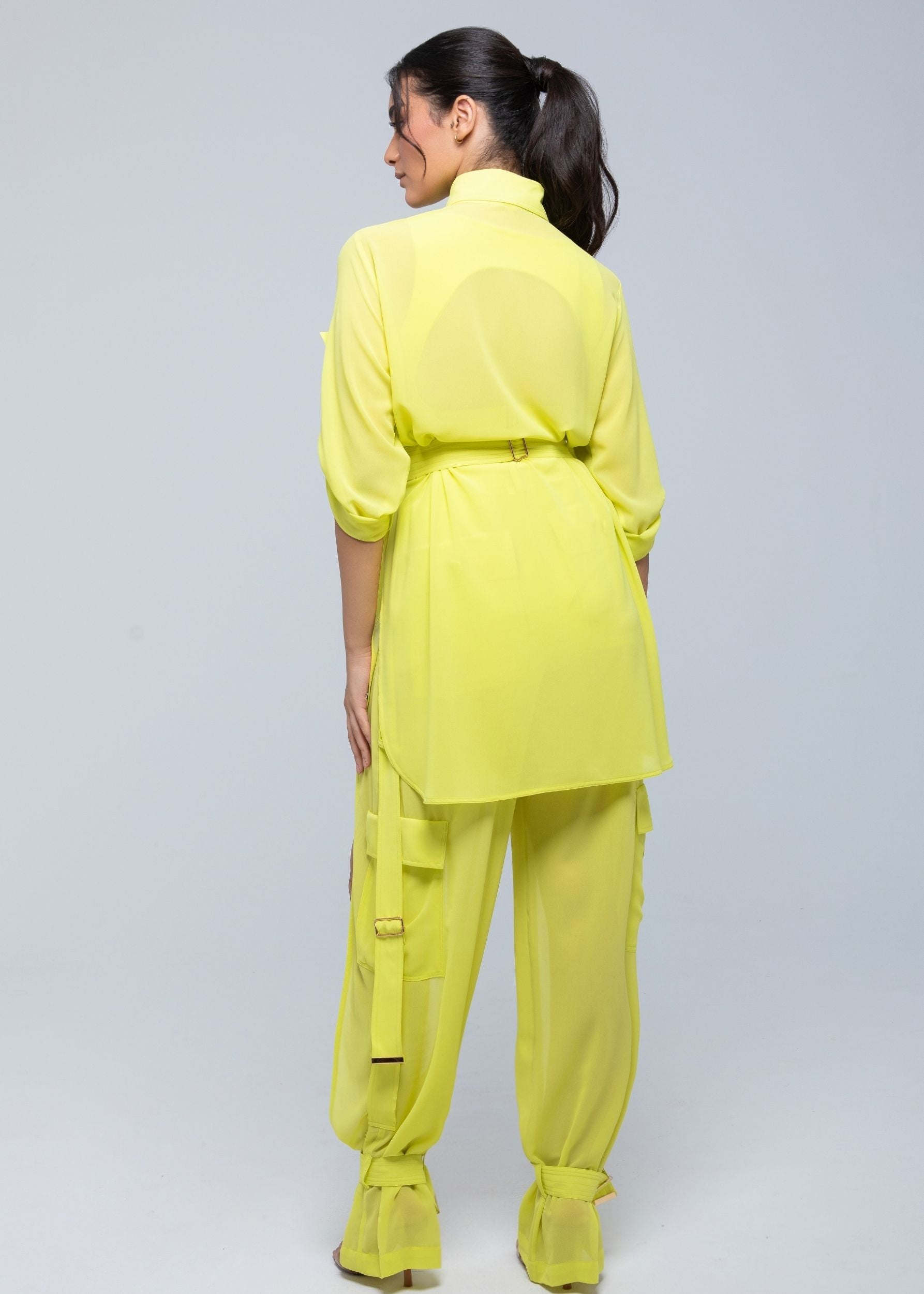 Sheer Cargo Pants with adjustable waist and ankle belts for customizable fit