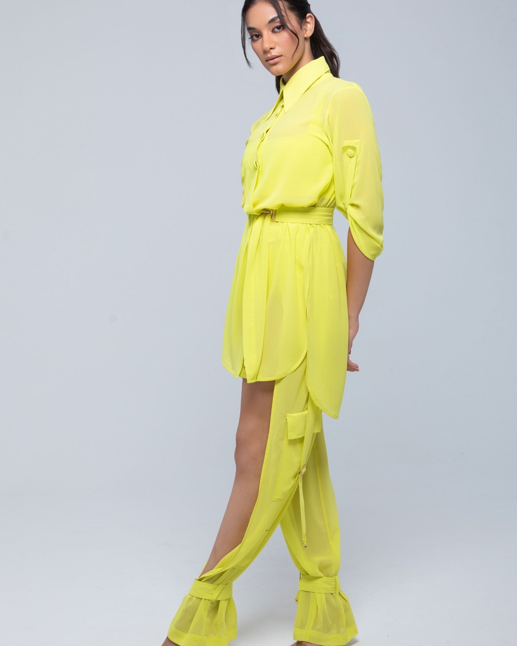 Sheer Cargo Pants with adjustable waist and ankle belts for customizable fit