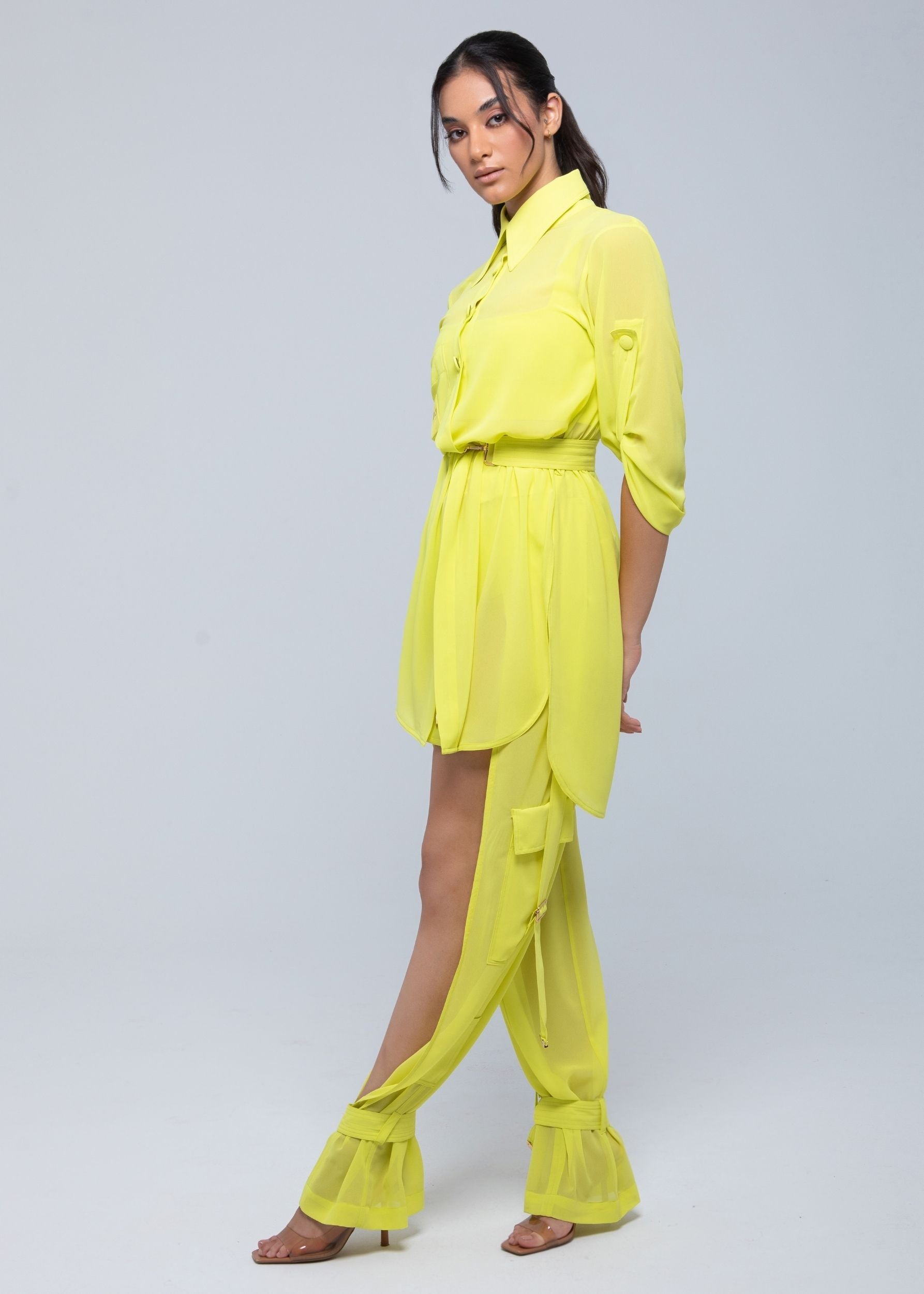 Sheer Cargo Pants with adjustable waist and ankle belts for customizable fit