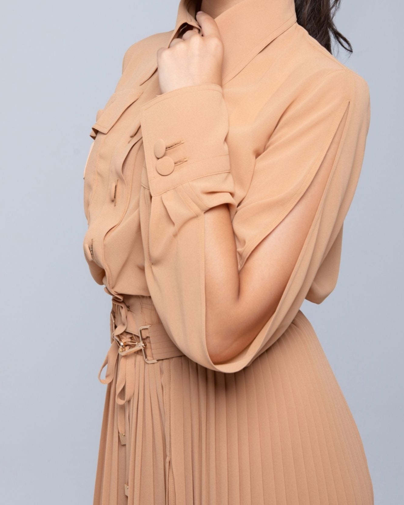 Sheer Jacket with button front, sleeve slits, and gold-accented belt