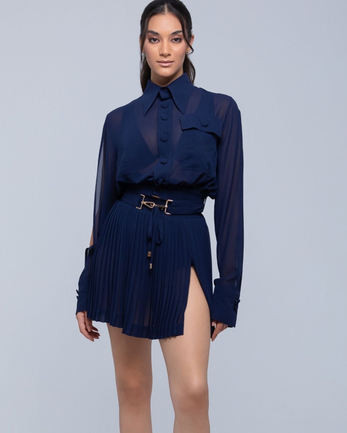 Sheer Jacket with button front, sleeve slits, and gold-accented belt