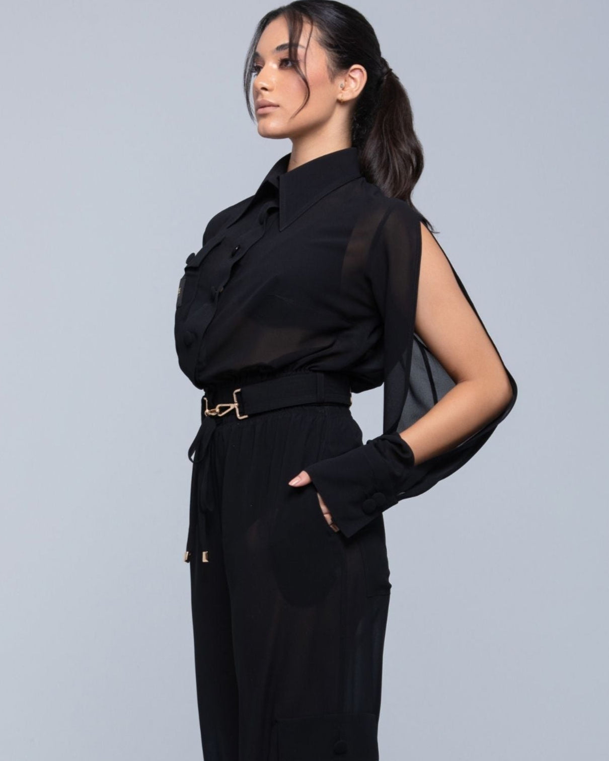 Sheer Jacket with button front, sleeve slits, and gold-accented belt