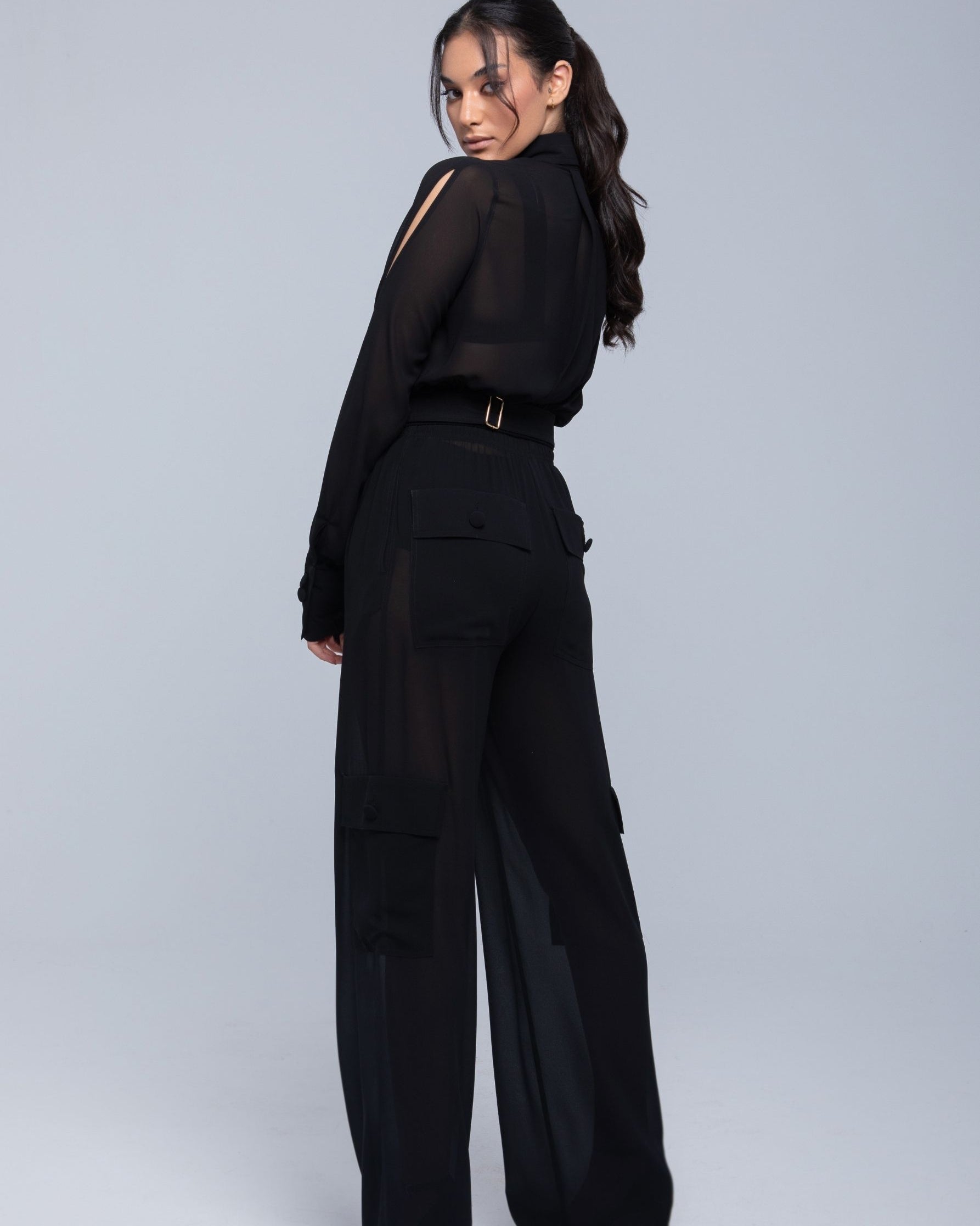 Sheer Jacket with button front, sleeve slits, and gold-accented belt