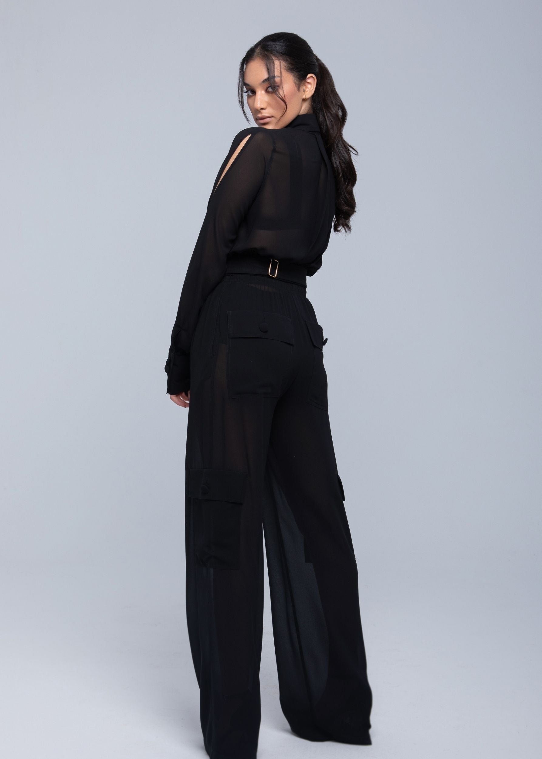 Sheer Jacket with button front, sleeve slits, and gold-accented belt