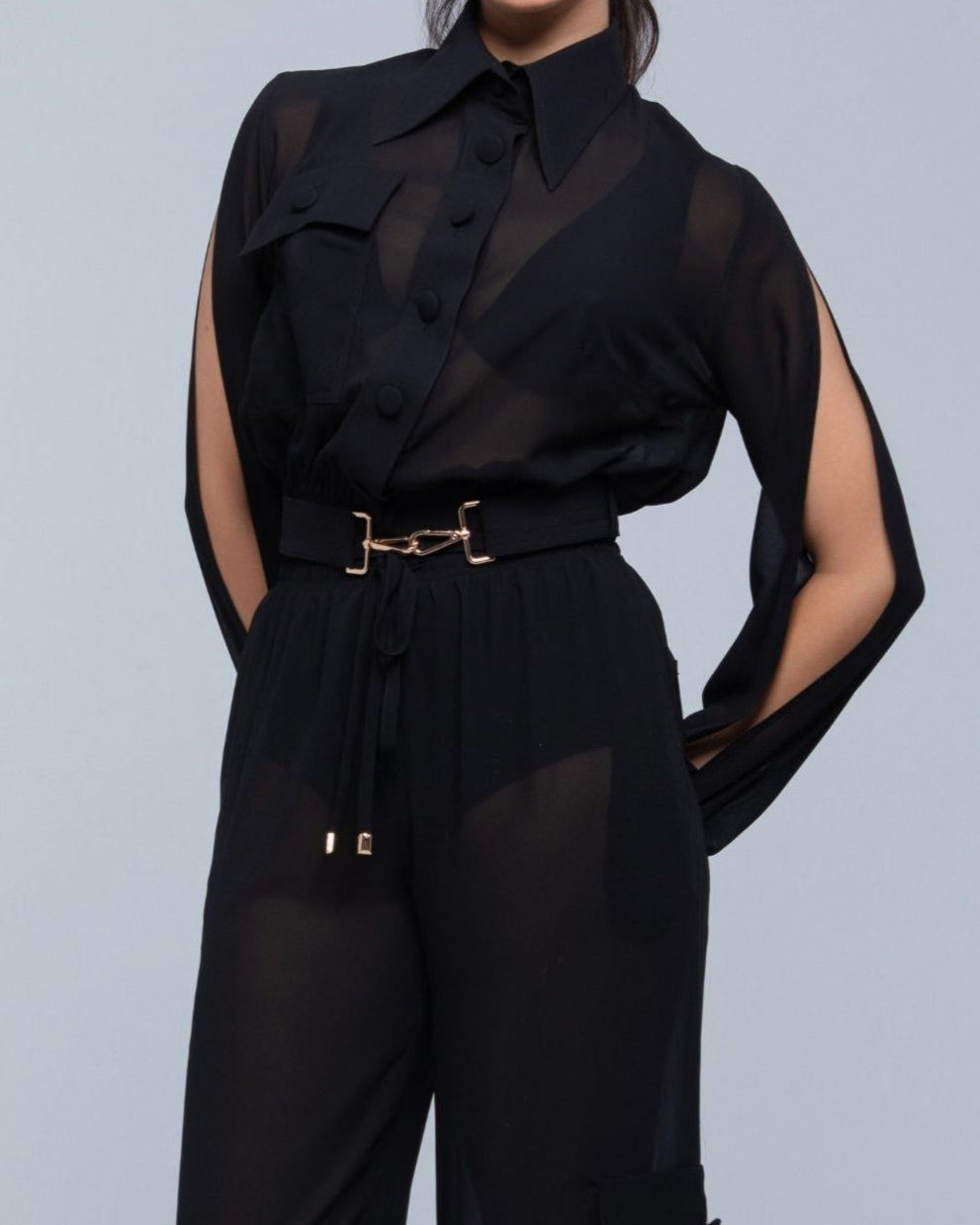 Sheer Jacket with button front, sleeve slits, and gold-accented belt