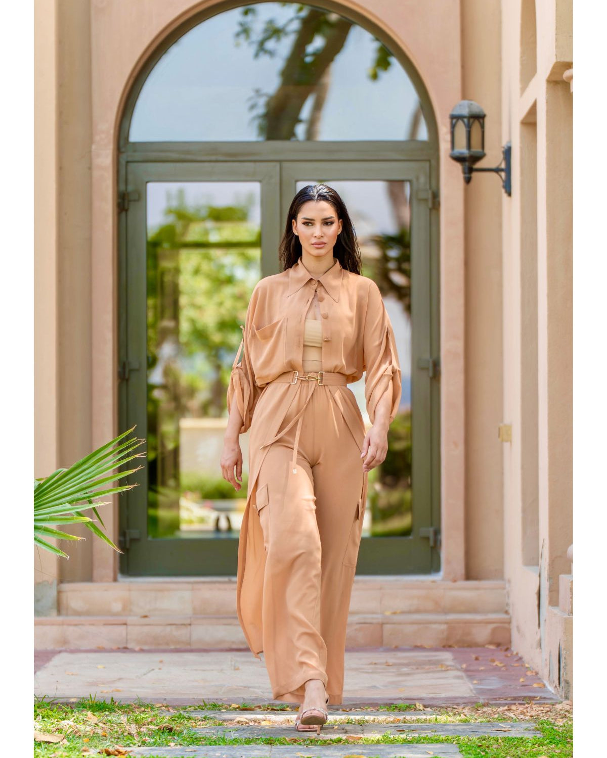 Sheer Maxi Shirt with gold-accented belt and adjustable sleeves