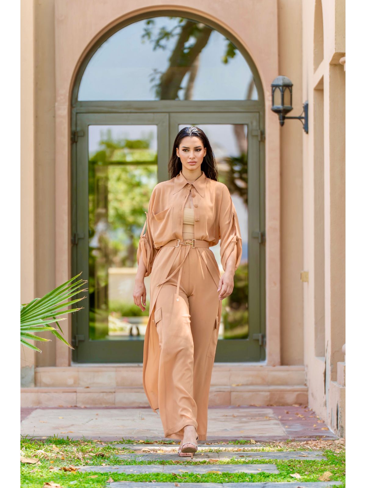 Sheer Maxi Shirt with gold-accented belt and adjustable sleeves