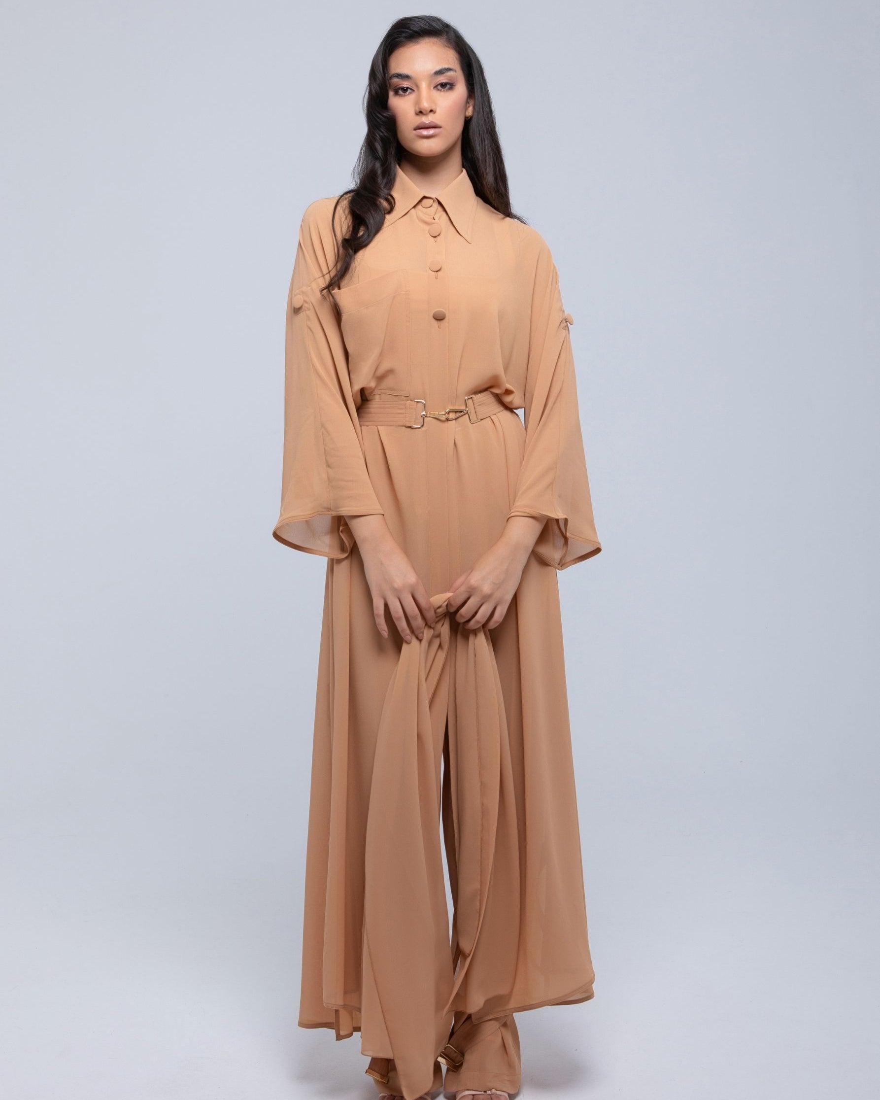 Sheer Maxi Shirt with gold-accented belt and adjustable sleeves