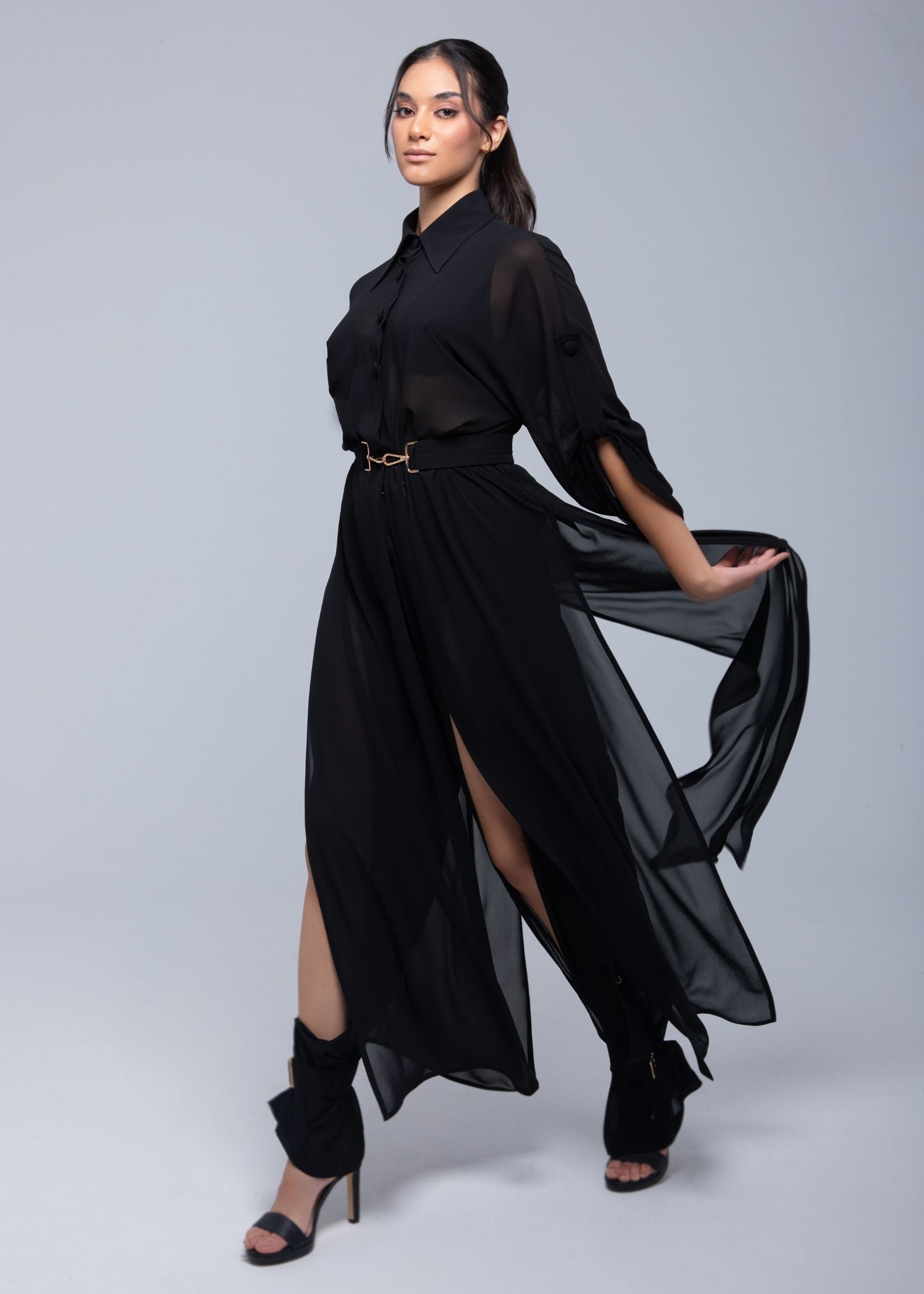 Sheer Maxi Shirt with gold-accented belt and adjustable sleeves
