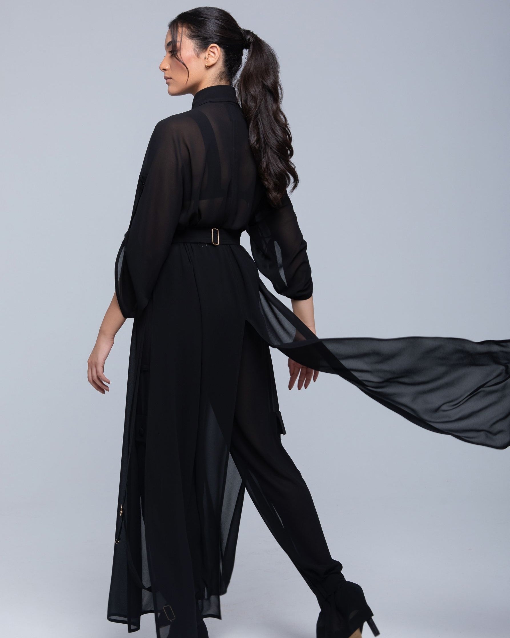 Sheer Maxi Shirt with gold-accented belt and adjustable sleeves