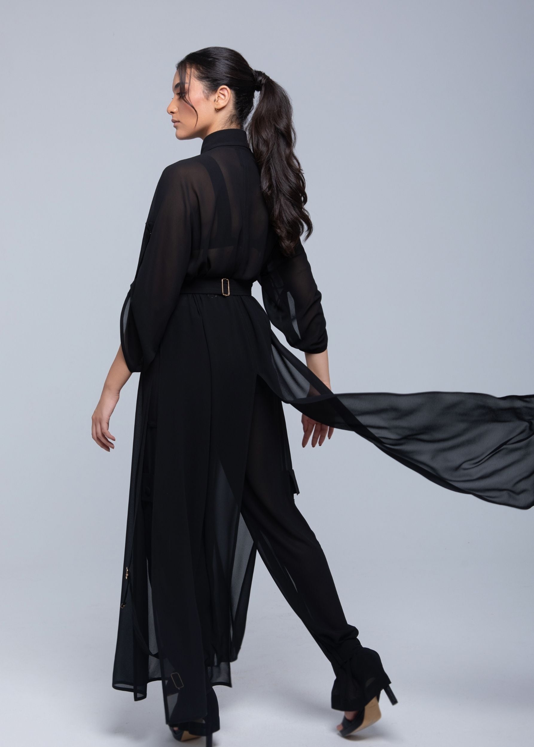 Sheer Maxi Shirt with gold-accented belt and adjustable sleeves