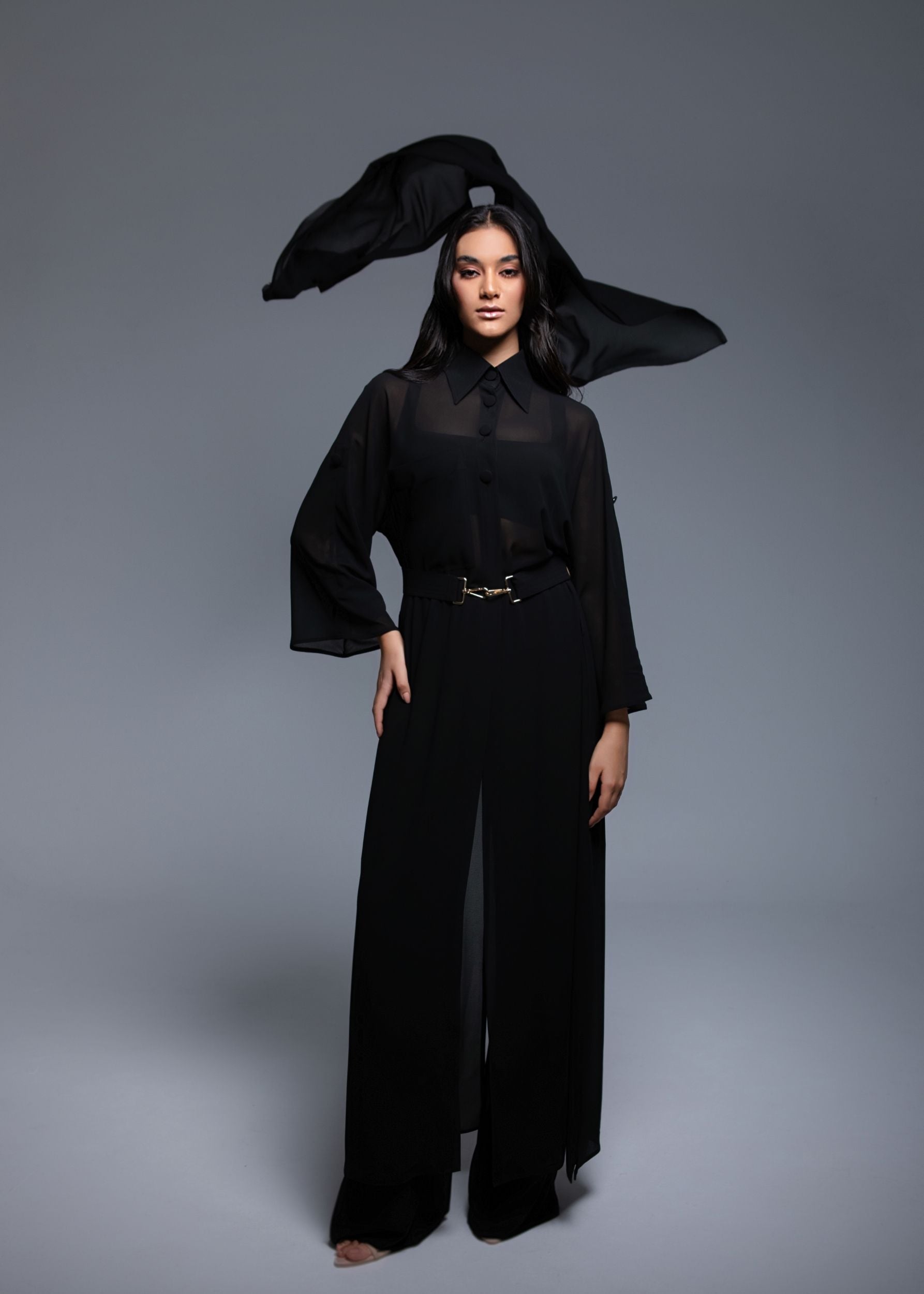 Sheer Maxi Shirt with gold-accented belt and adjustable sleeves
