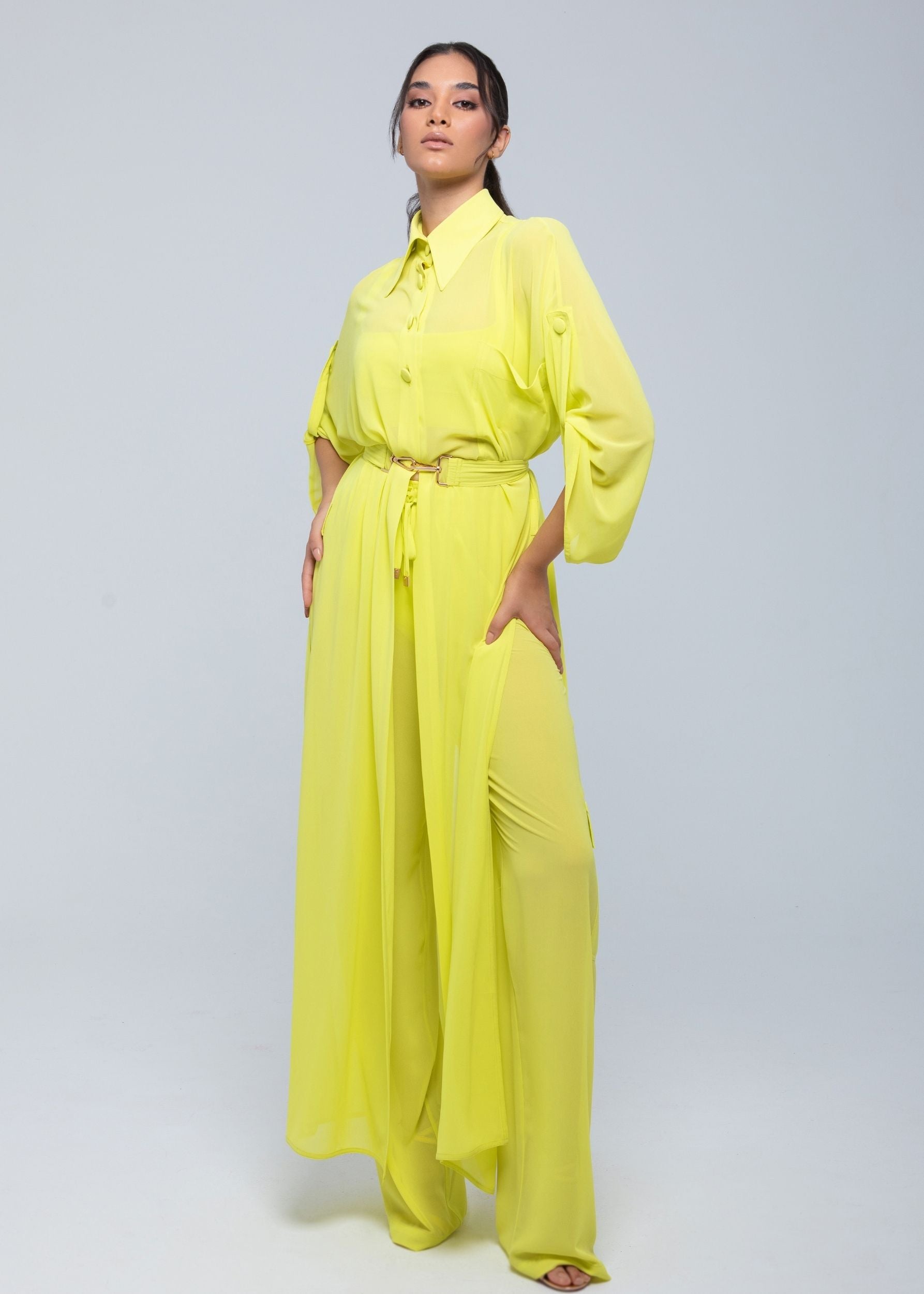 Sheer Maxi Shirt with gold-accented belt and adjustable sleeves