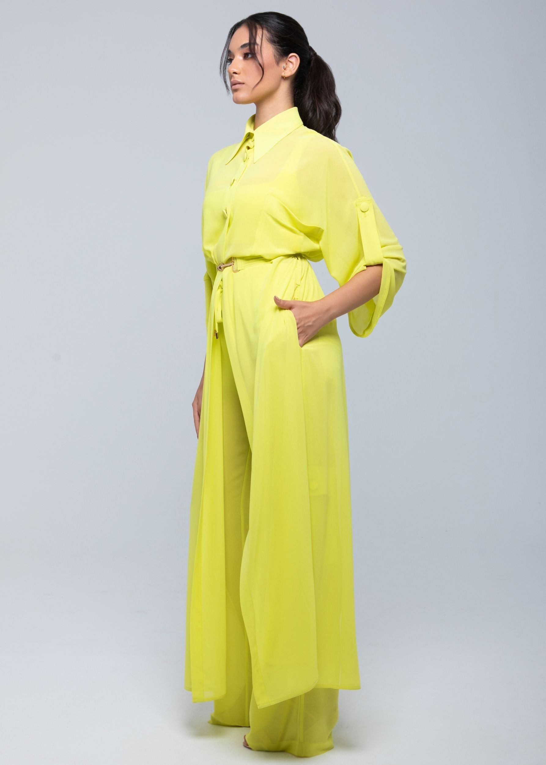 Sheer Maxi Shirt with gold-accented belt and adjustable sleeves