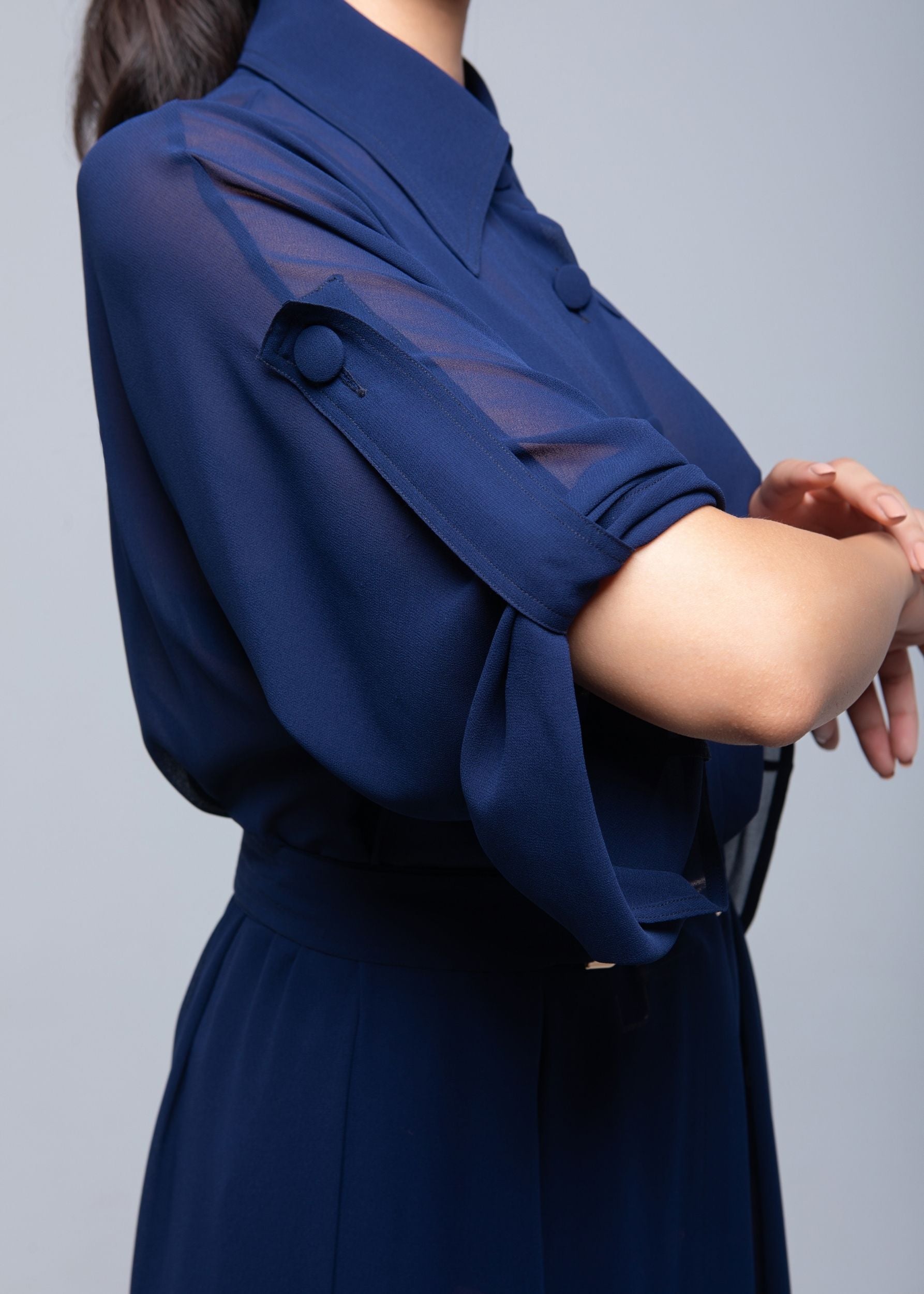 Sheer Maxi Shirt with gold-accented belt and adjustable sleeves