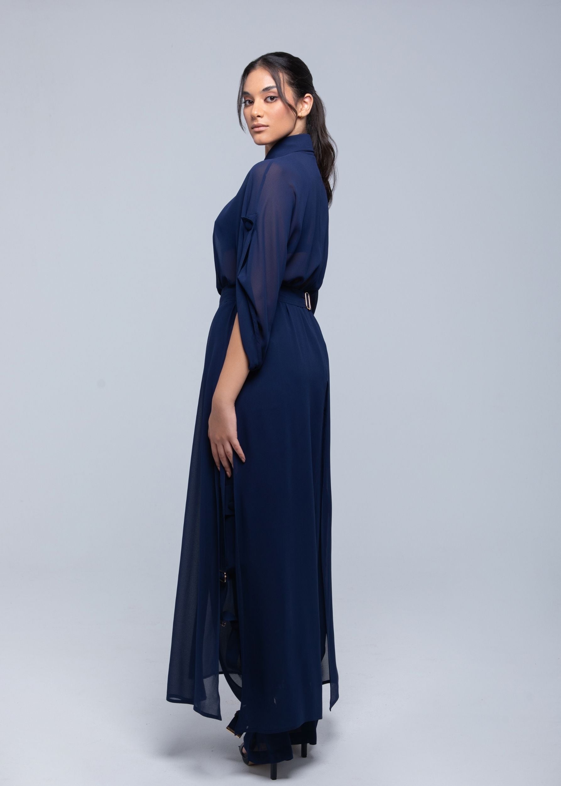 Sheer Maxi Shirt with gold-accented belt and adjustable sleeves