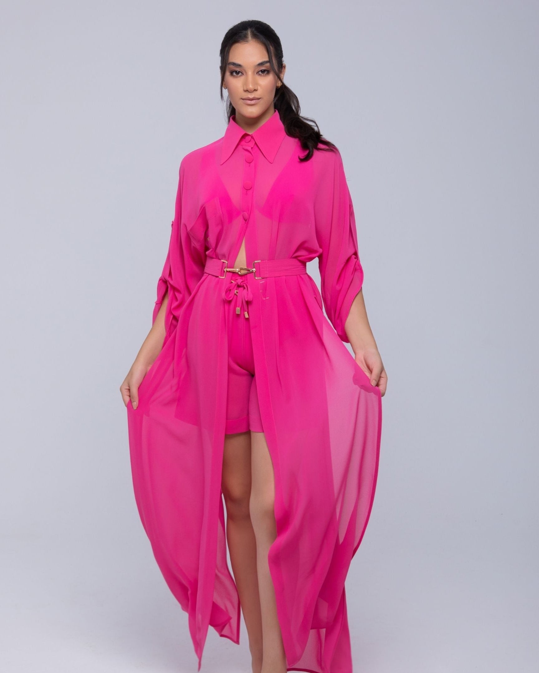 Sheer Maxi Shirt with gold-accented belt and adjustable sleeves