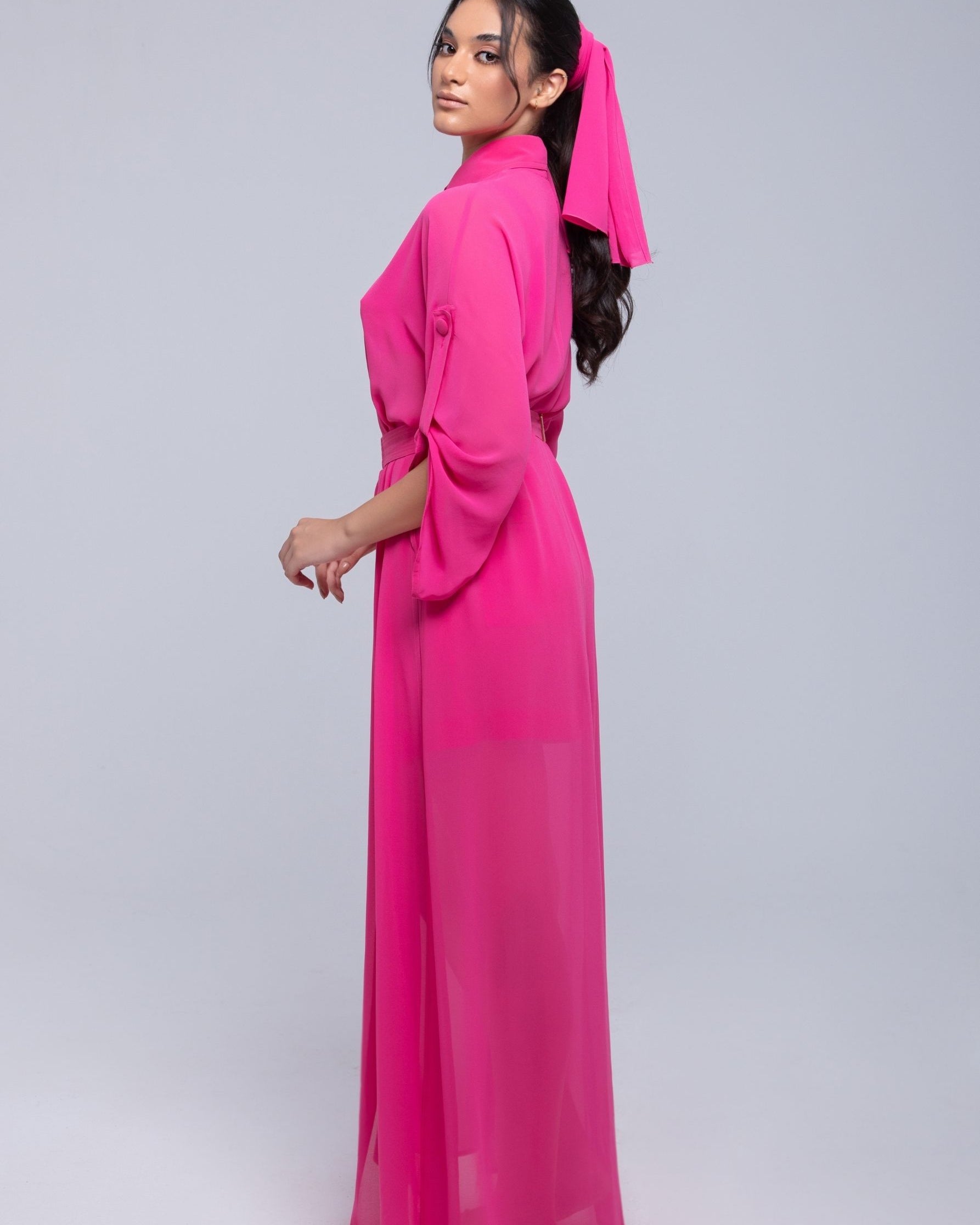 Sheer Maxi Shirt with gold-accented belt and adjustable sleeves