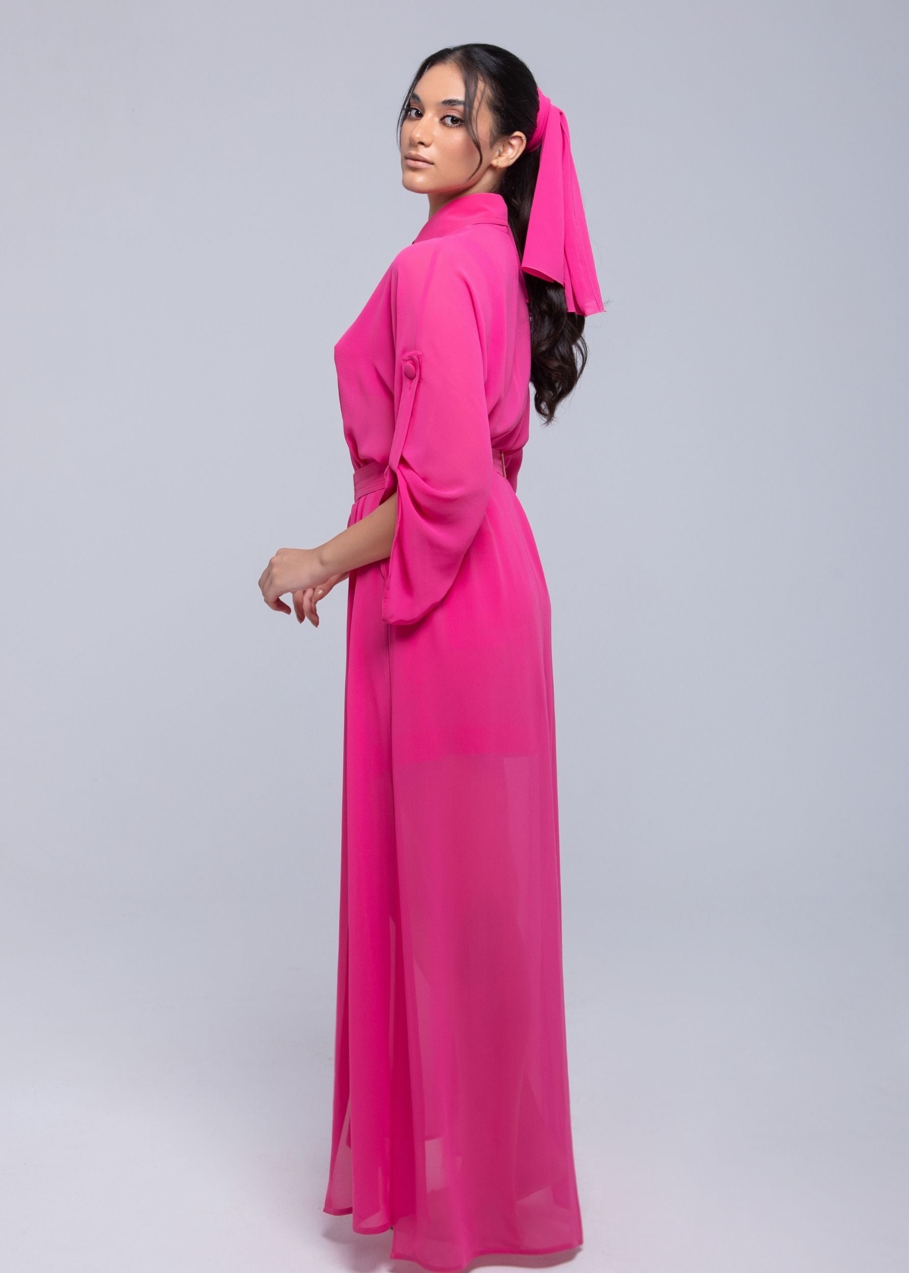 Sheer Maxi Shirt with gold-accented belt and adjustable sleeves