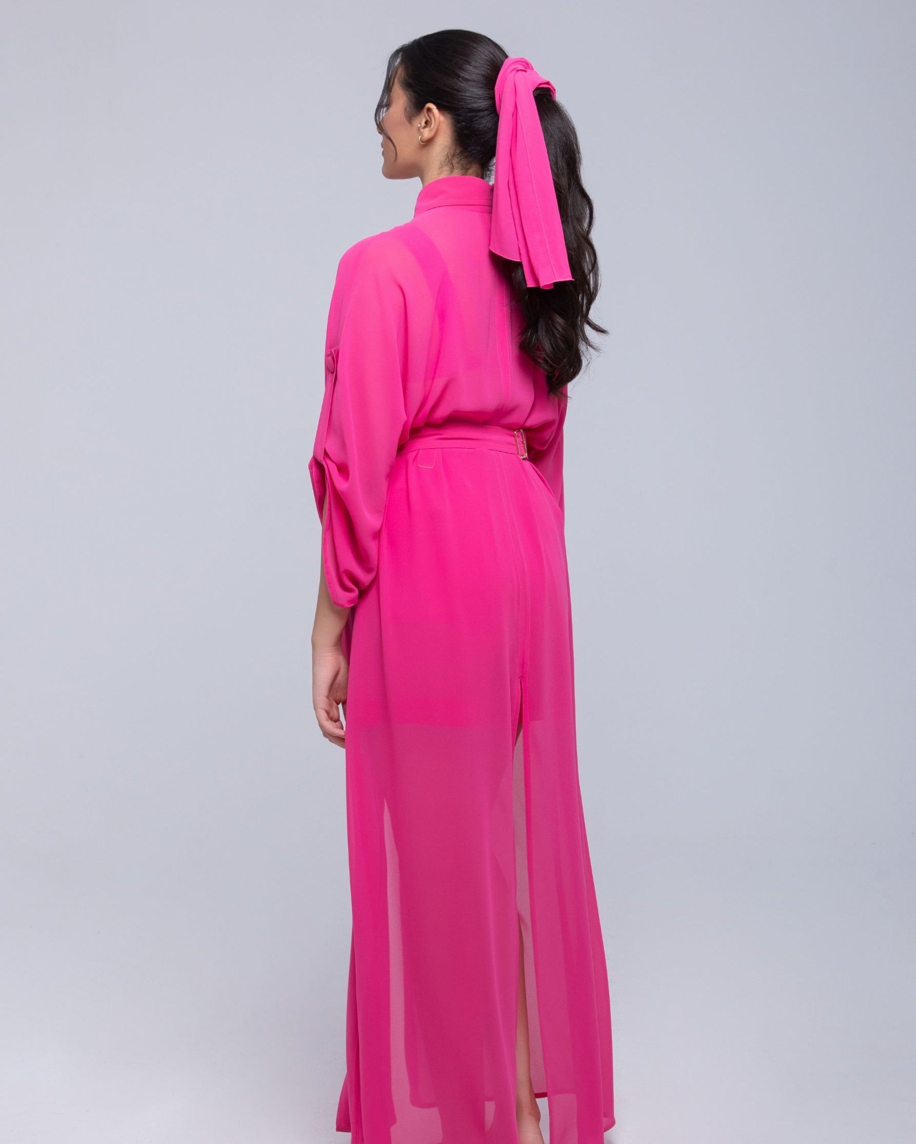 Sheer Maxi Shirt with gold-accented belt and adjustable sleeves