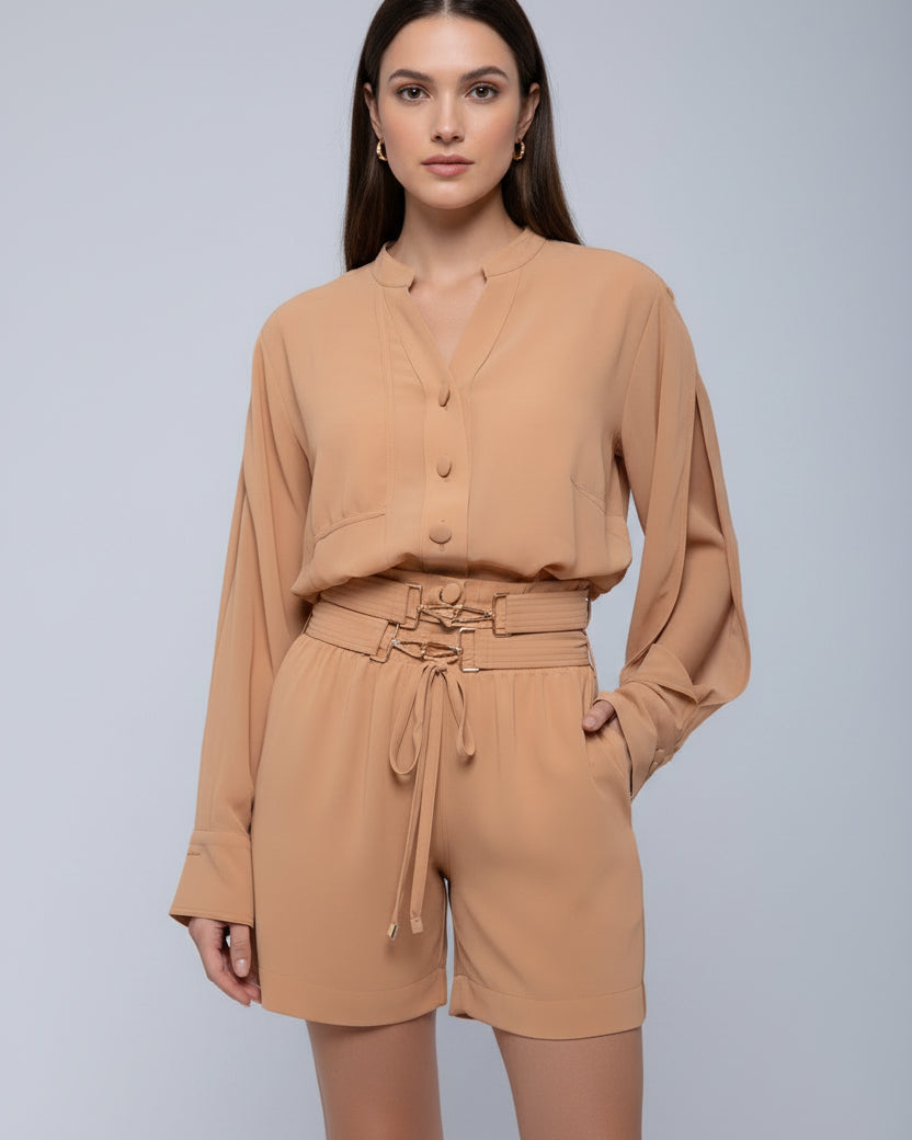 Sheer lightweight shorts with removable gold-detailed belt and pockets