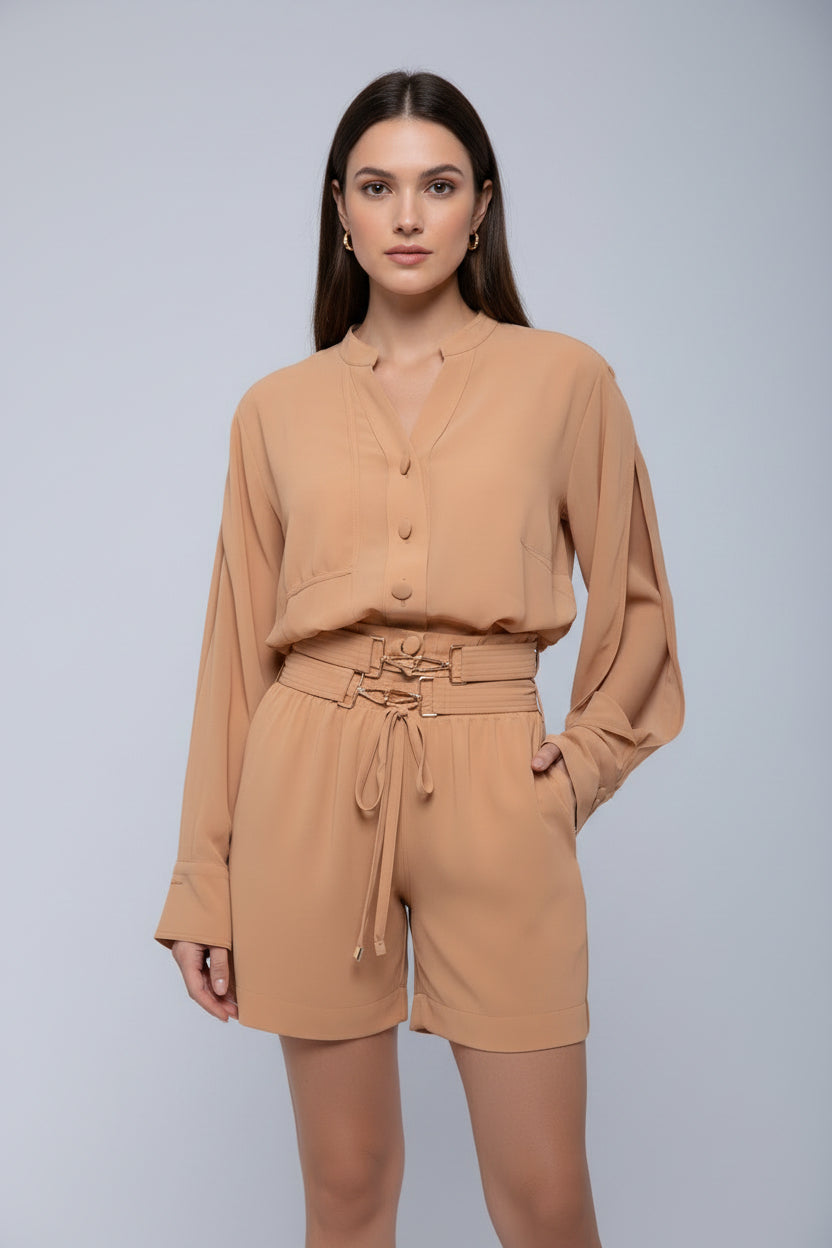 Sheer lightweight shorts with removable gold-detailed belt and pockets