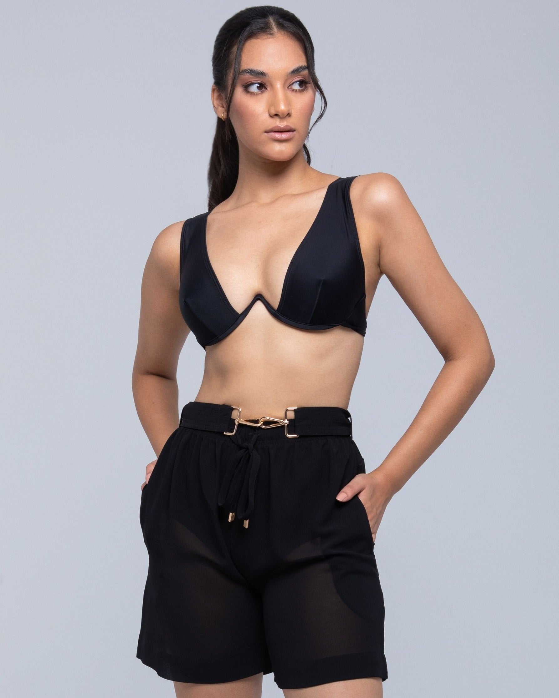 Sheer lightweight shorts with removable gold-detailed belt and pockets