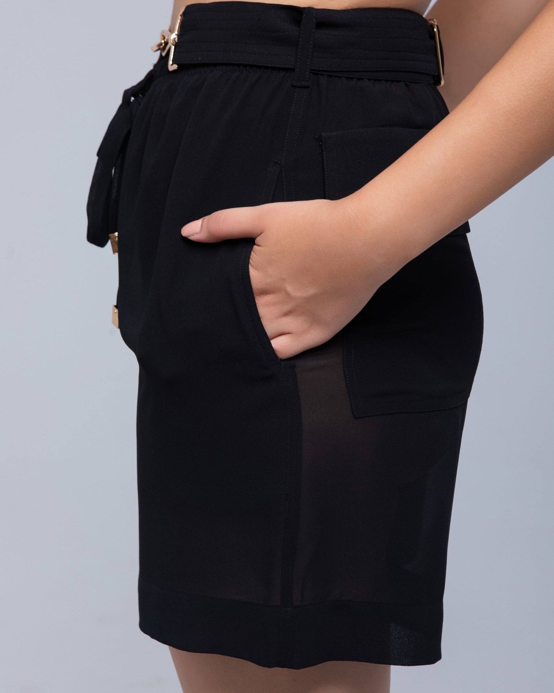 Sheer lightweight shorts with removable gold-detailed belt and pockets