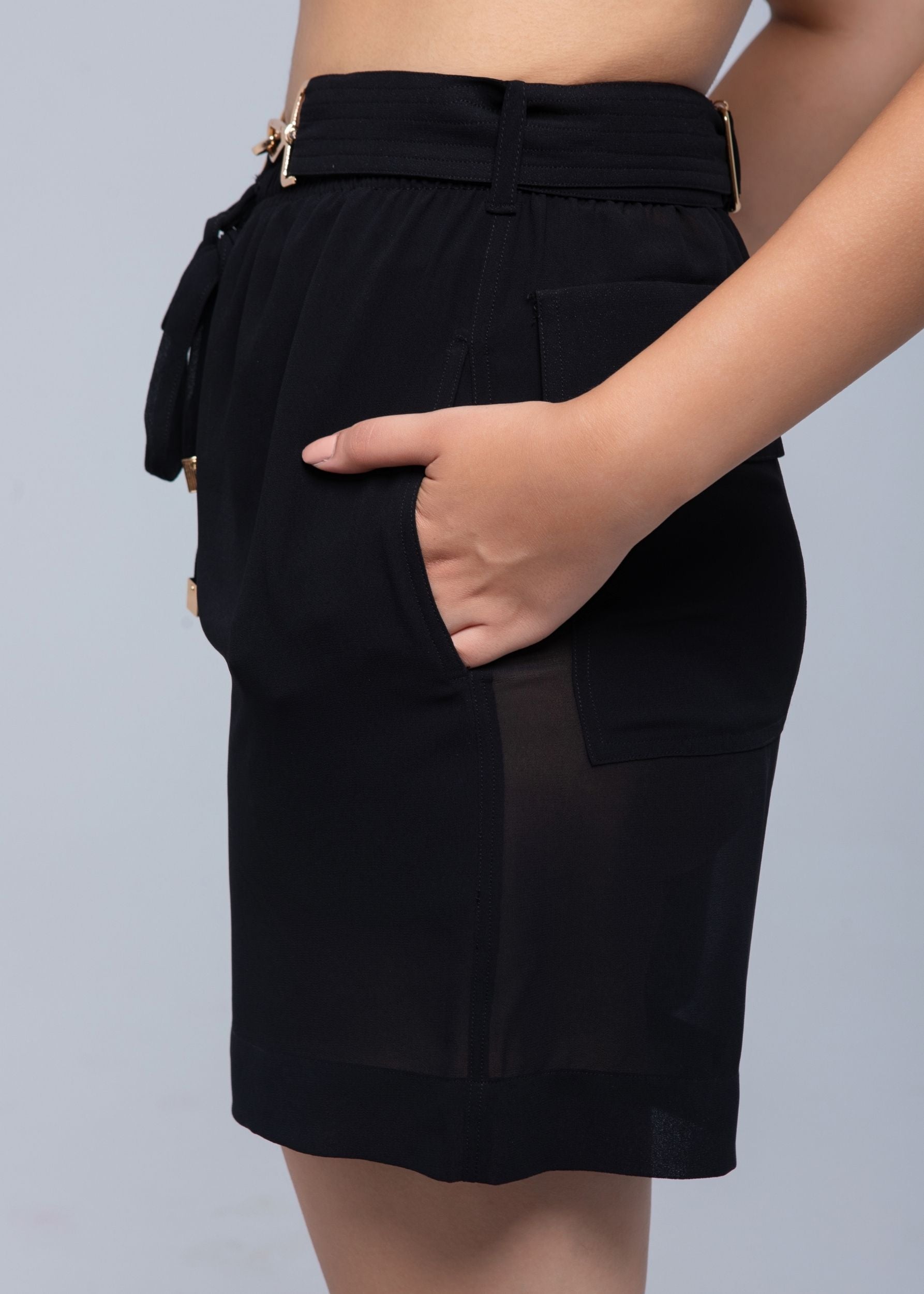 Sheer lightweight shorts with removable gold-detailed belt and pockets