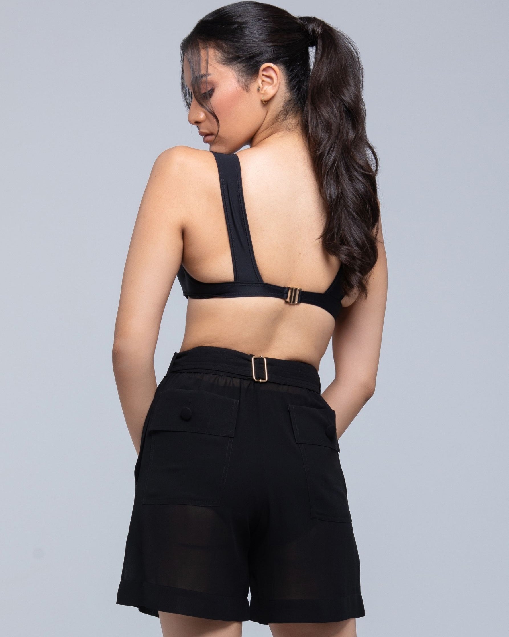 Sheer lightweight shorts with removable gold-detailed belt and pockets