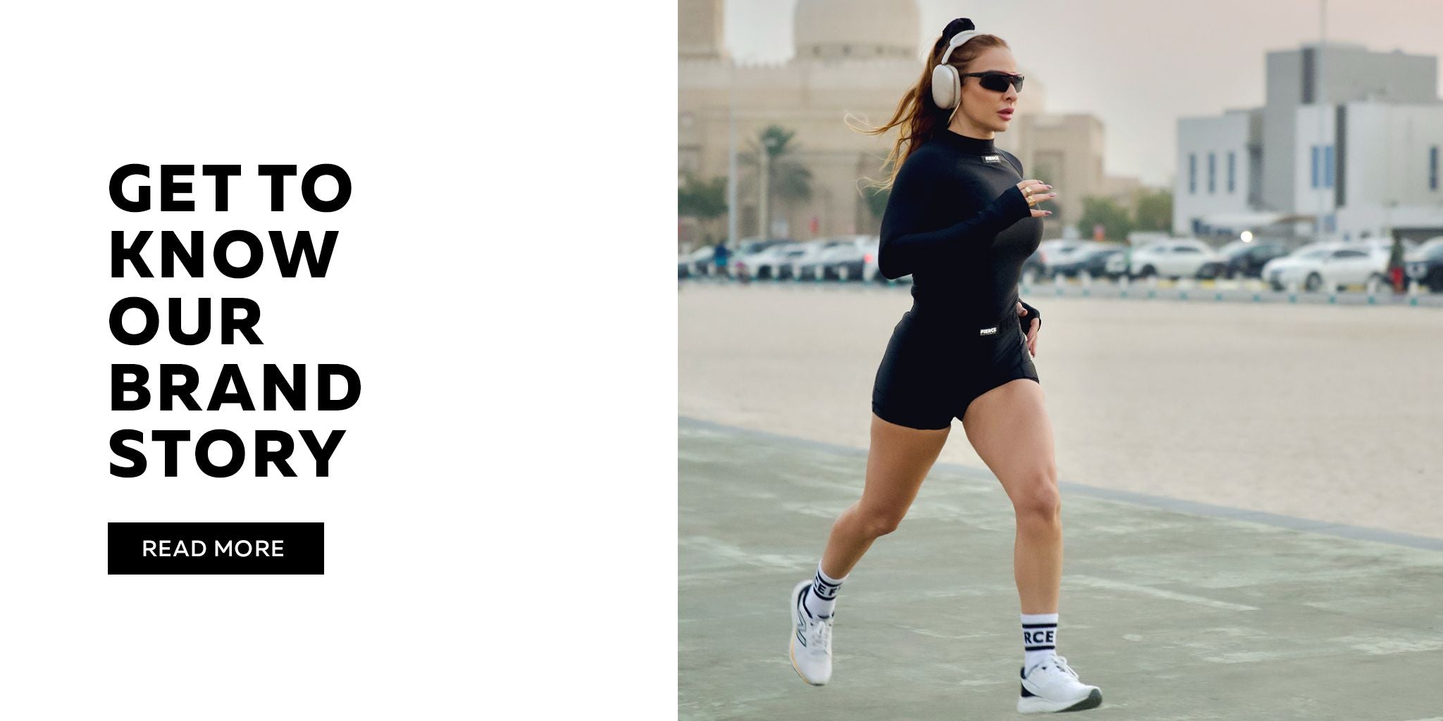 Woman exercising outdoors with text for Fierce 'Get to know our brand story' on a white background