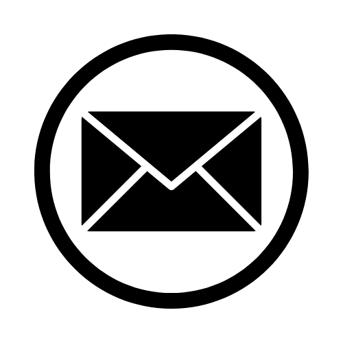 Black email icon in a circle on a white background