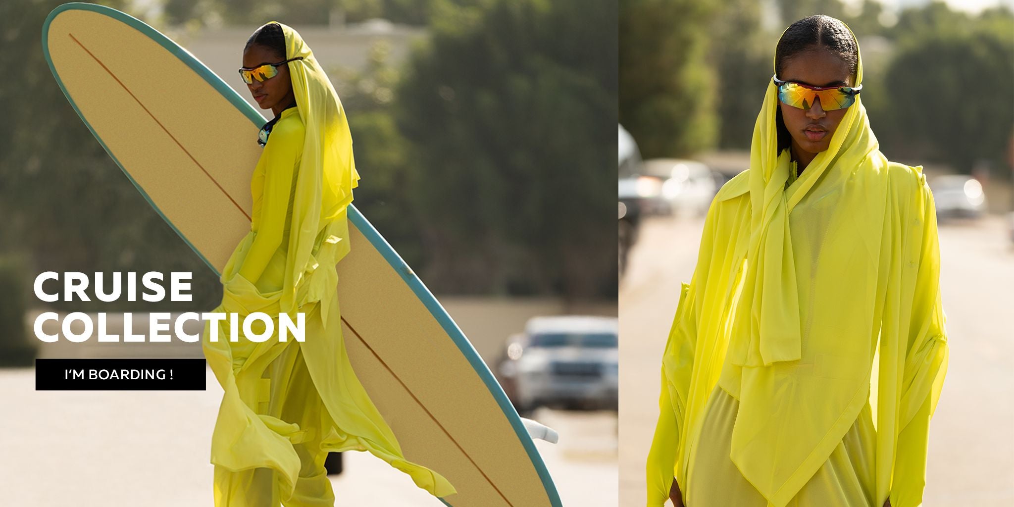 Person in a bright Fierce yellow outfit holding a surfboard with 'Cruise Collection' text.