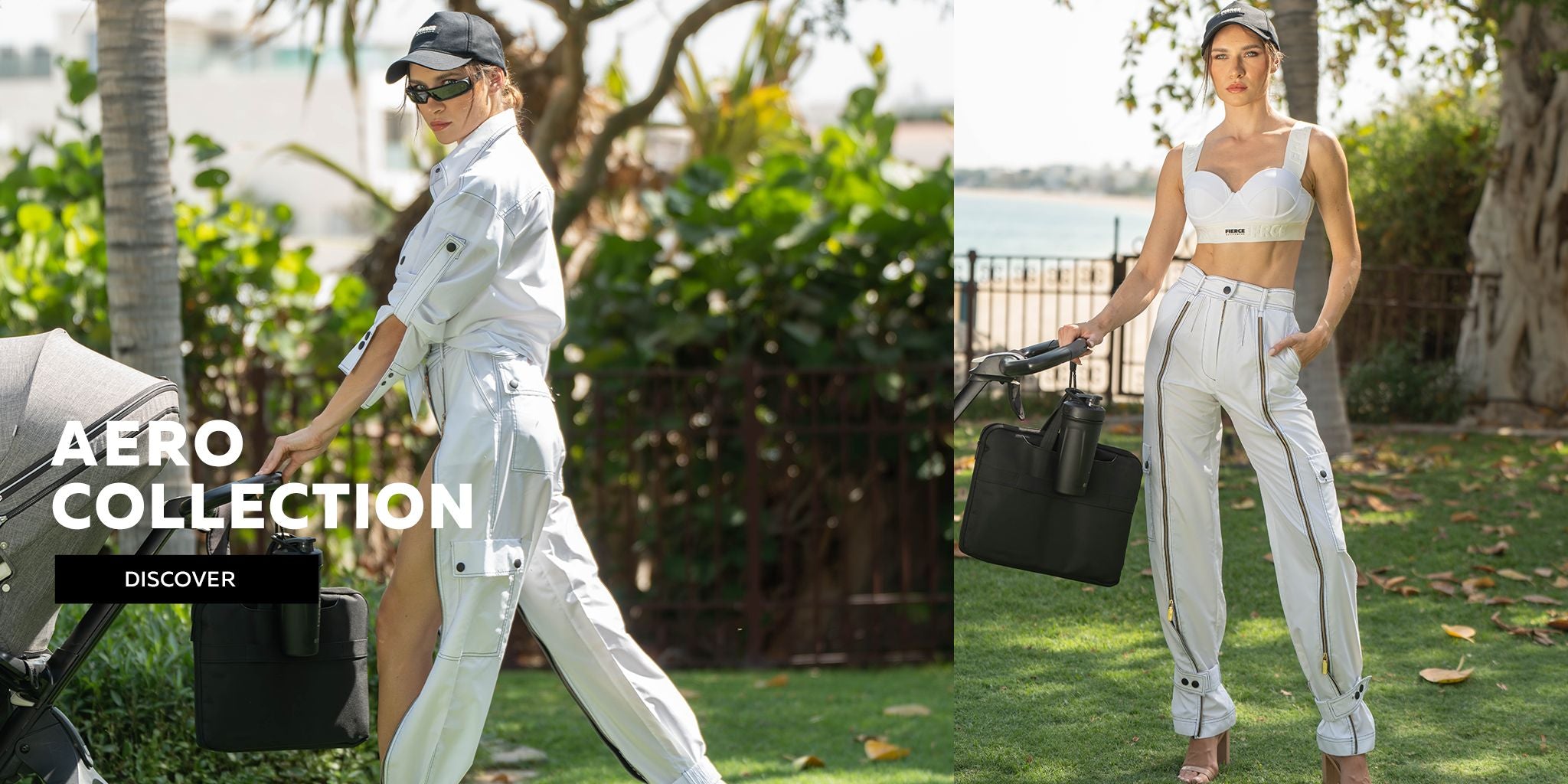 Woman in white outfit with 'Fierce Aero Collection' text, standing outdoors.
