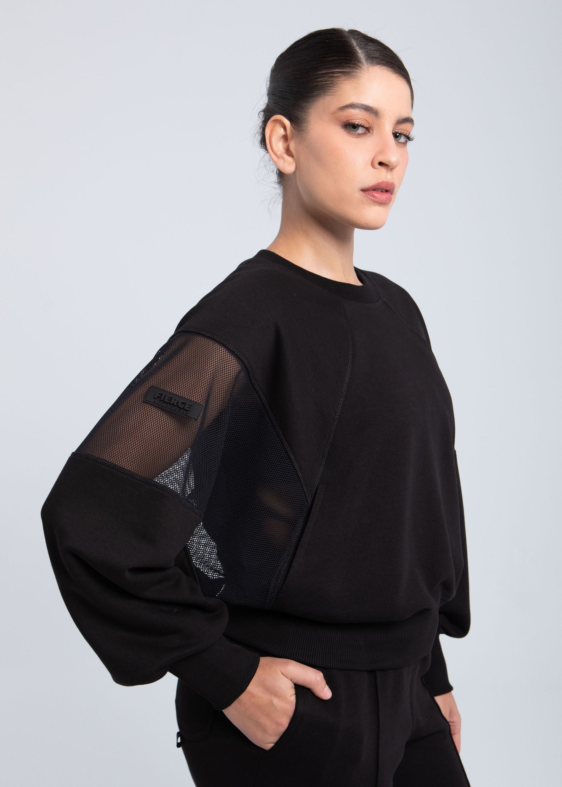 Oversized black mesh sweatshirt front view