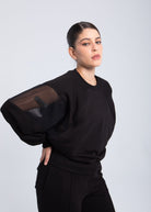 Black oversized sweatshirt with mesh sleeve detail